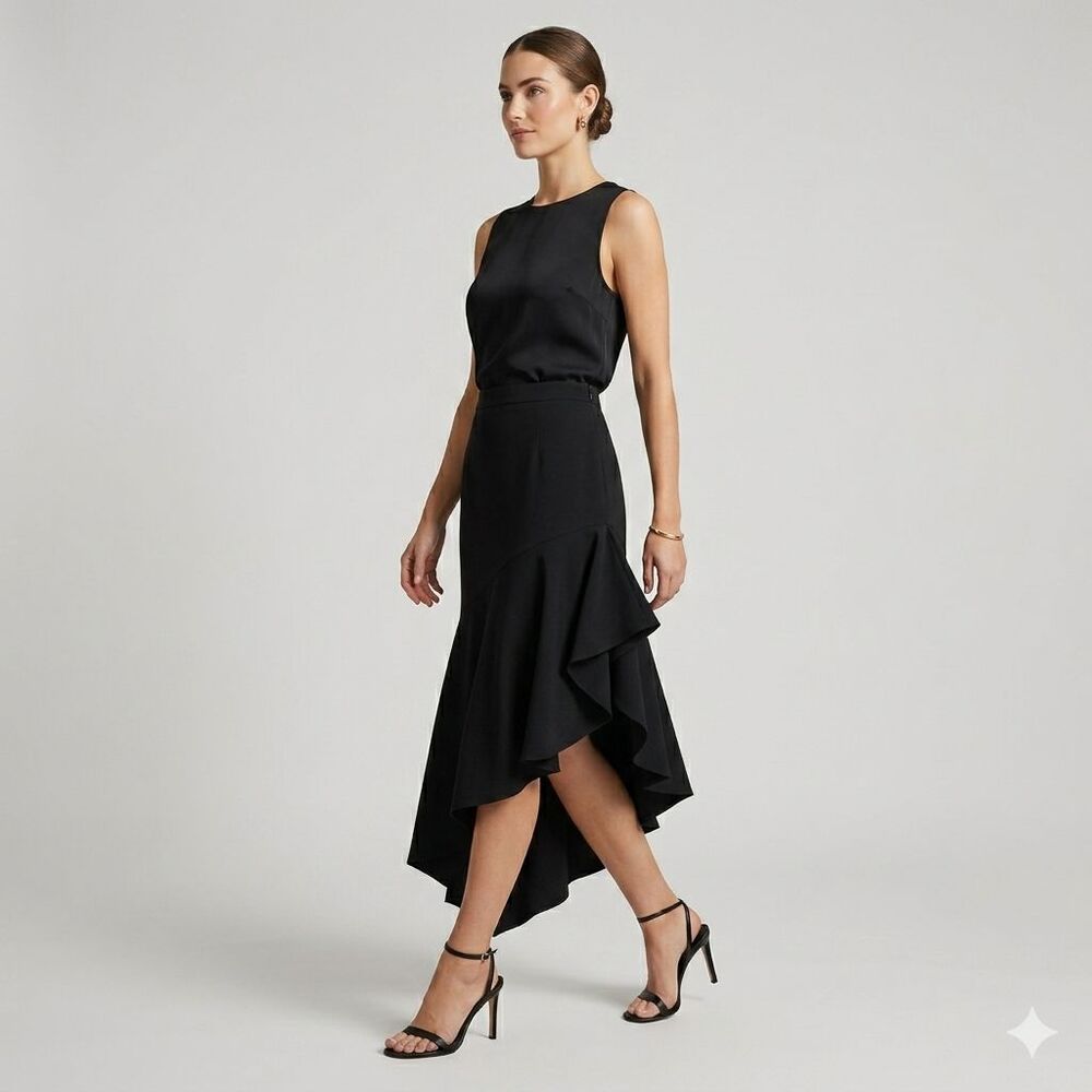 MILLY Charlotte Black Asymmetric Ruffle Crepe Midi Skirt Quiet Luxury Size 0 USA